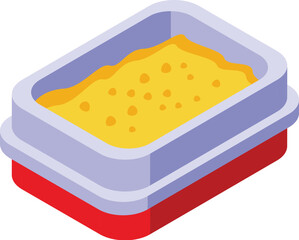 Colorful isometric vector illustration of a cat litter box, a pet accessory for domestic animals, showcasing hygiene and cleanliness in pet care and waste management