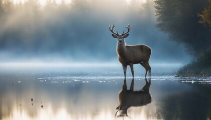 A sweet little deer, drinking from a sparkling lake in the early morning mist.
