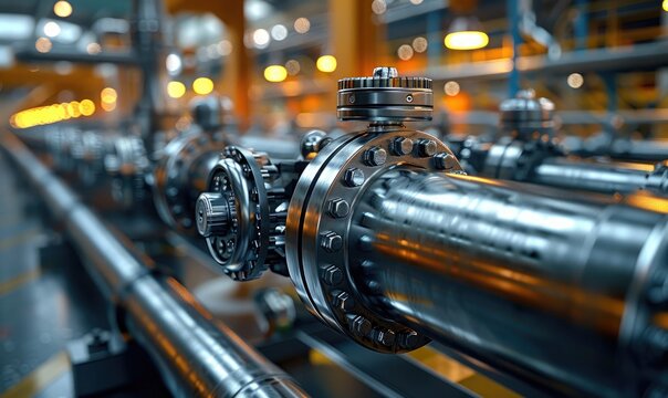 Industrial Valves and Pipelines in a Factory Setting, 4K, photorealistic, cinematic lighting, stainless steel  composite , keyshot,