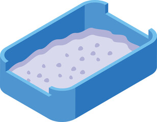 3d vector graphic of a blue isometric cat litter box with purple litter