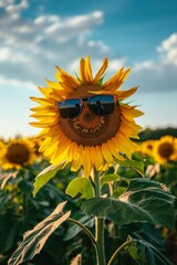 A sunflower wearing sunglasses in the middle of a field full of sunflowers