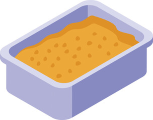 Vector illustration of an isometric view of a purple cat litter box filled with sand