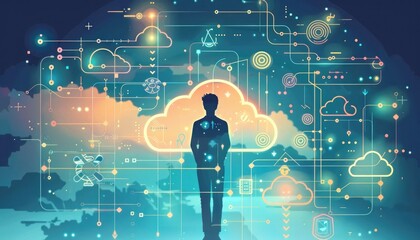 An individual navigating a cloud computing infographic, showcasing the interconnected nature of modern technology systems.
