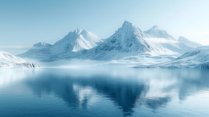 Amazing landscape of snow-capped mountains on clear water. Sky blue sky, snow-white icebergs on the...