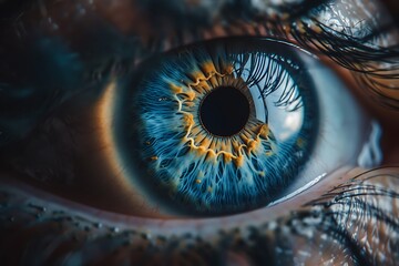 Close-up of blue human eye with intricate iris patterns