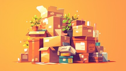 Stacking cartons to deliver to attic or garage. Isolated pile of clutter. Moving home with things to ship. Stacking cartons for moving to new apartment.