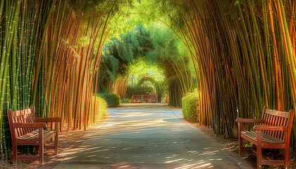 Calming rhythms of a secluded walkway through vibrant bamboo groves, dappled sunlight enhancing the...