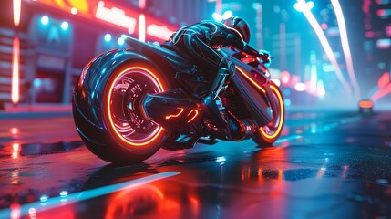 A highspeed chase scene featuring futuristic motorcycles driven by stylized robot children, set in a neonlit urban setting, rendered in a sharp, holographic 3D style 8K , high-resolution, ultra HD,up3