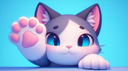 a captivating 3d portrayal of adorable anime animals in an adorable pose, featuring a white cat with a pink nose, closed mouth, and blue eye, standing on a transparent background with
