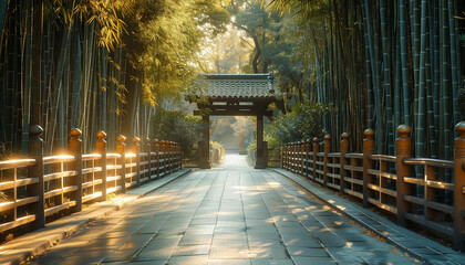 Calming rhythms of a tranquil walkway through dense bamboo forests, the quiet setting bathed in...