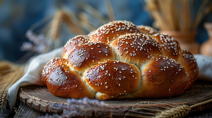 Sabbath Peace in a Loaf: Challah Bread with Sesame Seeds. Concept Food Photography, Baking Art