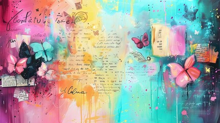 Obraz premium A complex collage of grungestyle aged letters, scratched surfaces, and old articles, all framed by an artistic border using vibrant brush strokes and rich colours