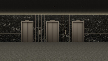 Elevator hall Nero Marquina marble, indirect lighting, gray stucco ceiling, carpet floor, simple 3D image