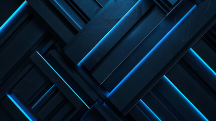 Wall with geometric shapes in blue and black colors. Geometric background with blue neon lighting.