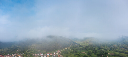 Landscape panorama using the Mini 2 drone, during a foggy morning.