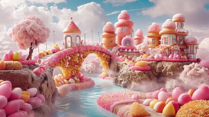 An ethereal Easter bridge, suspended over a river of liquid caramel, with candy arches leading to a hidden treasure trove.