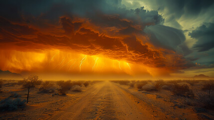 Obraz premium Disaster. A thunderstorm with lightning hangs over the desert. Desert Storm. Natural disaster concept.