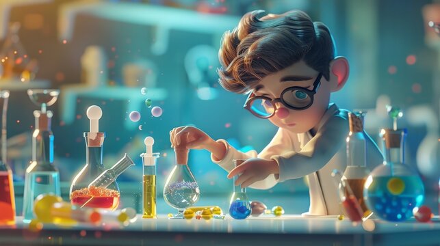 Character conducting a biology experiment with various chemical reactions, measuring outcomes and adjusting variables