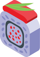 Vibrant isometric illustration of a sushi roll with red topping and green accent