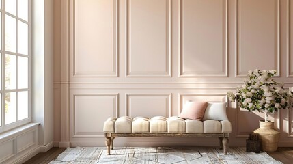 Warm and welcoming living room with soft pink walls and a plush bench, captured in soothing tones