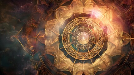  a celestial mandala with intricate geometric patterns and cosmic symbolism