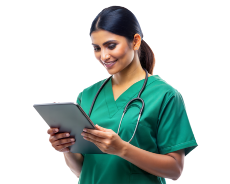 Highly realistic image of indian nurse in green uniform looking at tablet