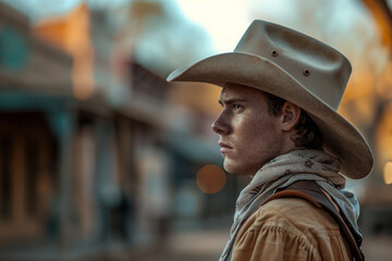 Obraz premium Generative AI picture Portrait of wild west retro movie western city town with cowboys and cowgirls and horses