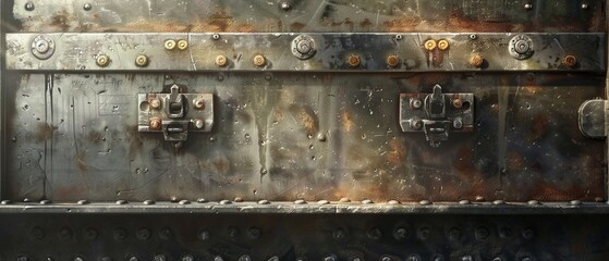 Photorealistic render of a dark, grungetextured metallic surface, set in a horizontal orientation, where shadows play across the aged materials folds