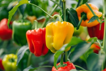 Fresh colorful peppers in a greenhouse close up photo Large pepper crop