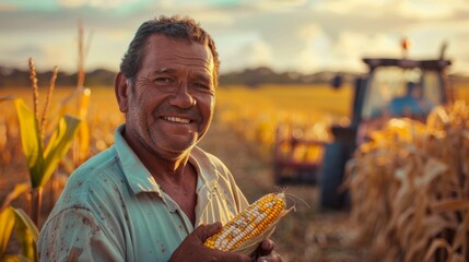 photography of a brazilian middle age man holding a corn cob on his hand on a corn field wearing a plain pastel olive green shirt with a harvester on the background