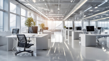 Beautiful blurred background of a modern office interior in gray tones with panoramic windows,...