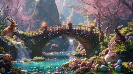 An enchanting Easter bridge, adorned with cascading chocolate fountains and guarded by candy-coated creatures welcoming visitors.