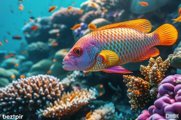 Fototapeta premium Parrotfish grazing on coral reefs, symbolizing reef health and biodiversity. 