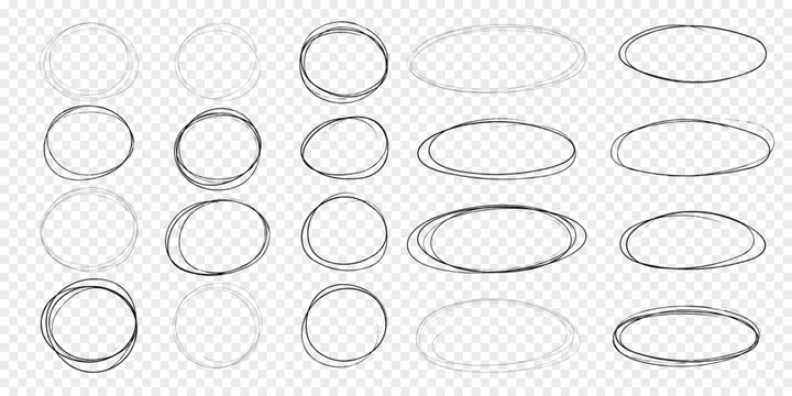 Circle scrible circular emphasis frame, fast mark, pencil line doodle frame. Ring, oval sketch highlight sphere on transparent background. 