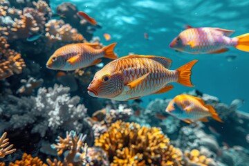 Fototapeta premium Parrotfish grazing on coral reefs, symbolizing reef health and biodiversity. 