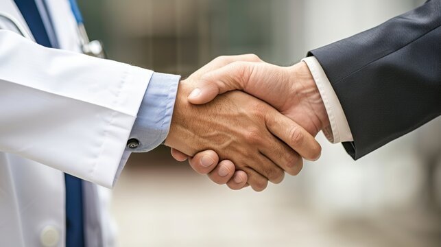 Closeup, collaboration, or doctors shaking hands for hospital meeting objective, good job, or promotion. Congratulations or pleased healthcare worker shaking hands for medical collaboration