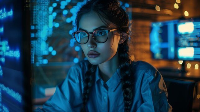 Future night overlay, computer data, holographic hud, or woman examine financial chart, stock market database. Web commerce, forex investment dashboard, or African trader trading NFT or bitcoin crypto