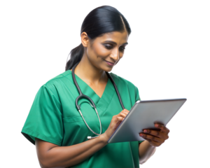 Highly realistic image of indian nurse in green uniform looking at tablet