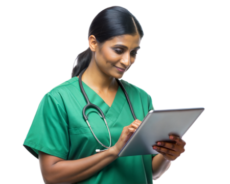 Highly realistic image of indian nurse in green uniform looking at tablet