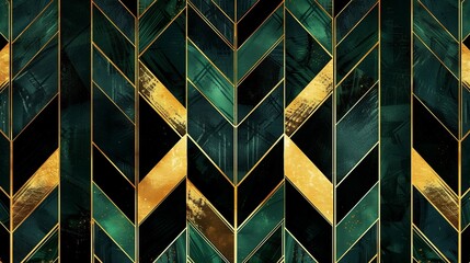 Abstract background ,that celebrates the golden age of design with geometric patterns in vintage emerald green, radiant gold, and deep black