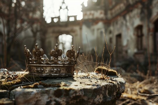 A crown is sitting on the ground in a desolate, abandoned building