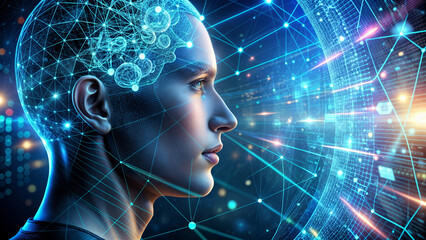 head with binary code background