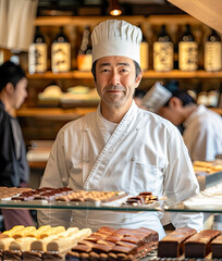 Portrait of an Asian pastry chef in a chef's hat behind a counter with the creation of his delicious pastries