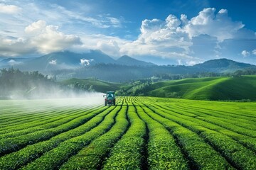 Tractor fertilizing green tea fields on hi tech farm