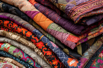 A stack of colorful quilts, with different fabric patterns and textures.