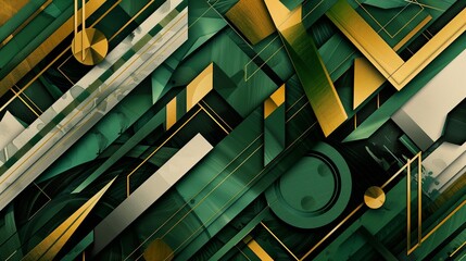 Abstract background with geometric patterns in vintage emerald green, gold, and black, evoking the opulence and glamour 