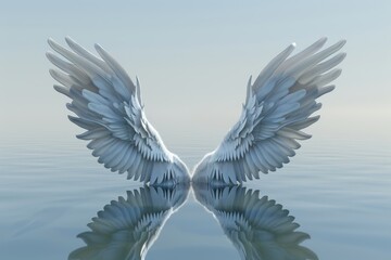 Fototapeta premium The wings of a white bird are reflected in the water