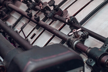 Detail of an old offset printing machine. Industrial development and machinery concept background...