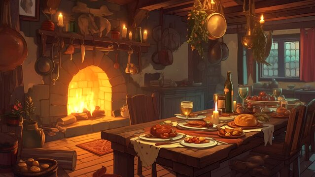 Food and drinks in a medieval tavern, for background music. Looping time-lapse animation background
