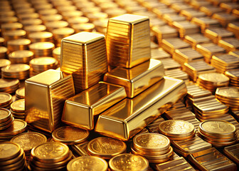 Gold bars on a pile of gold coins
